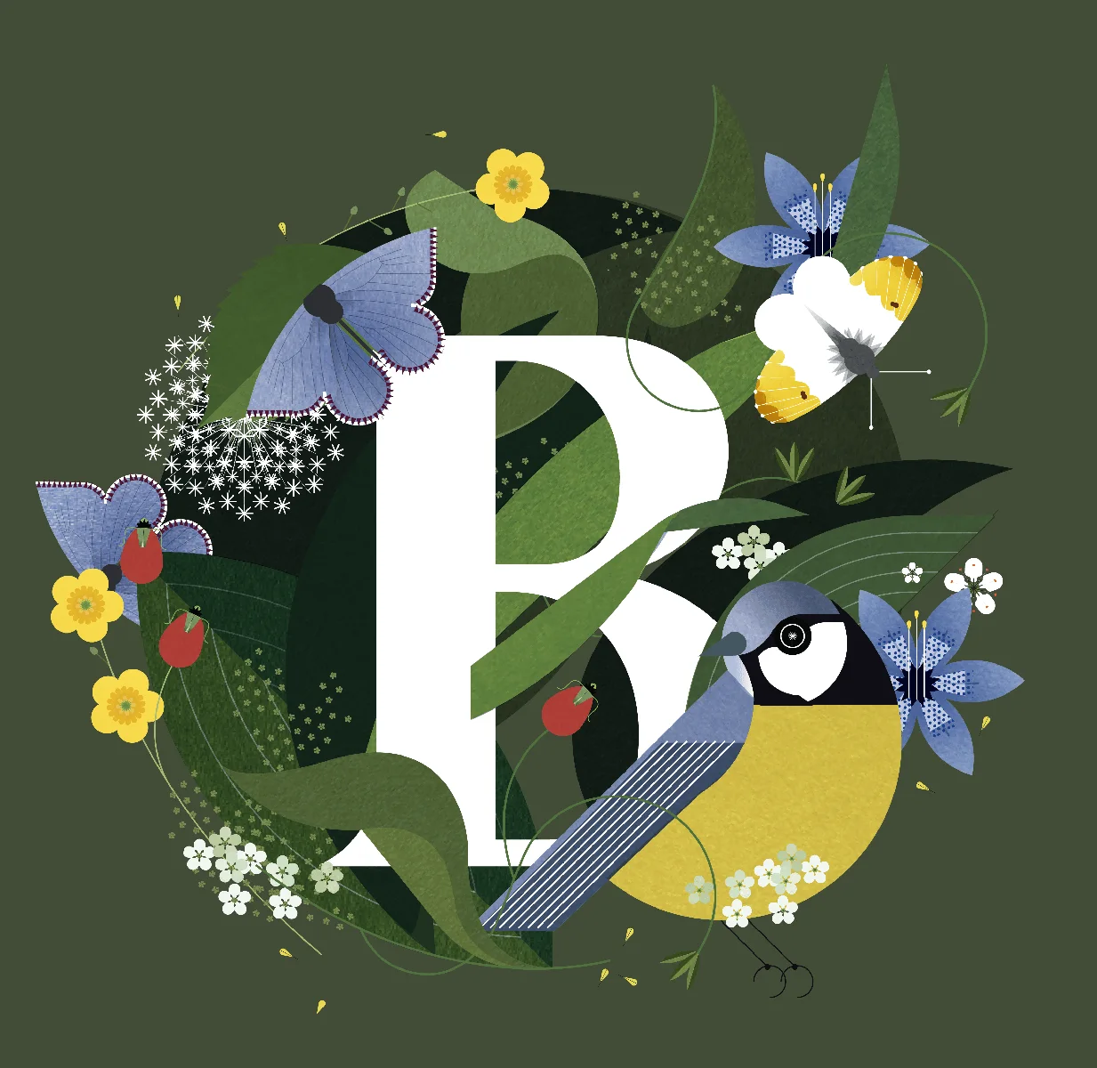 Bridgelands community promotional artwork with a botanical illustration and bird