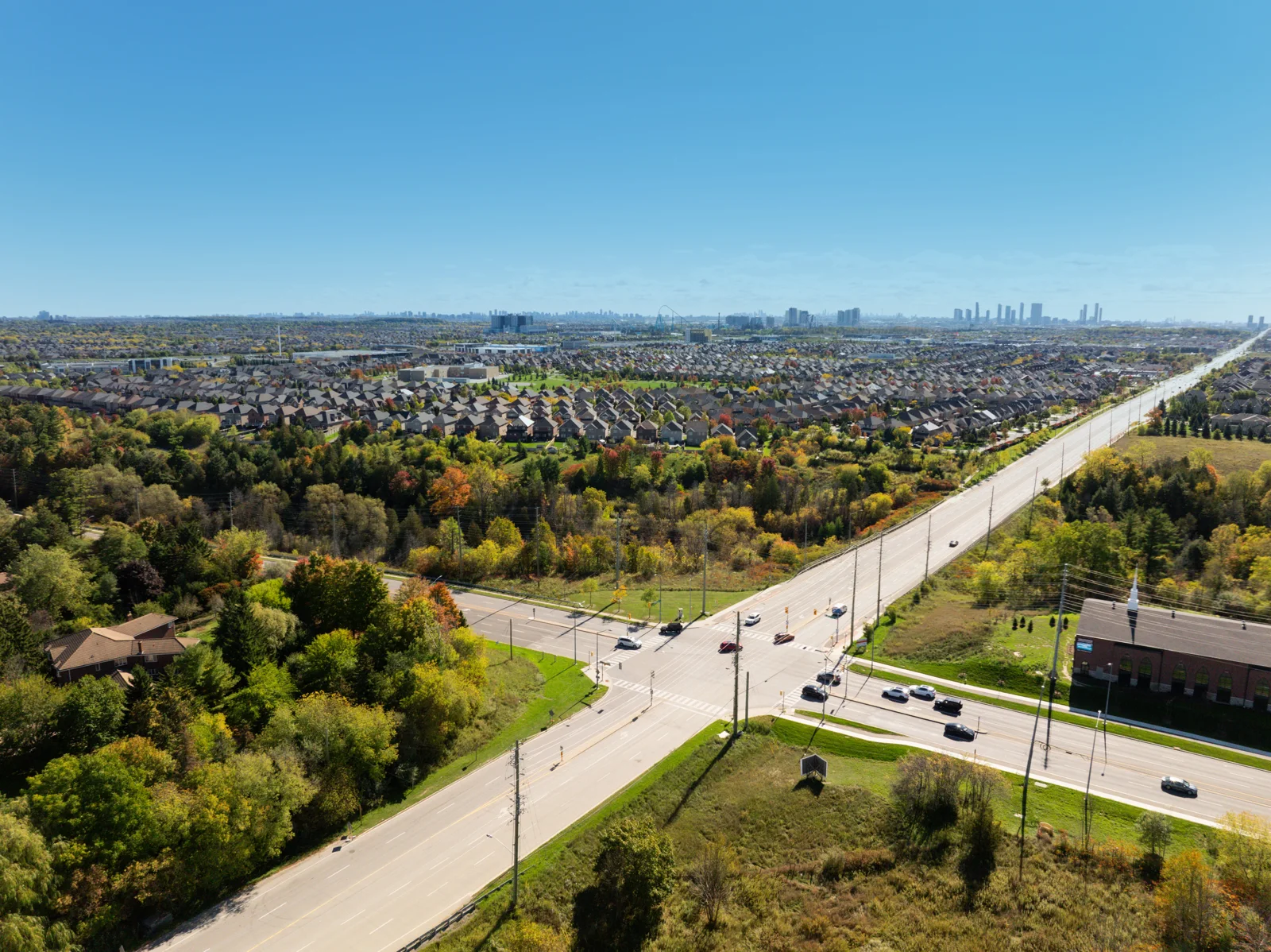 Aerial view of Woodbridge showing established neighbourhoods and green space